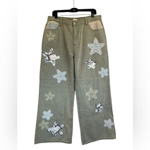 POL Olive Green Wide-Leg Pants with Beautiful Embroidery and Patchwork
